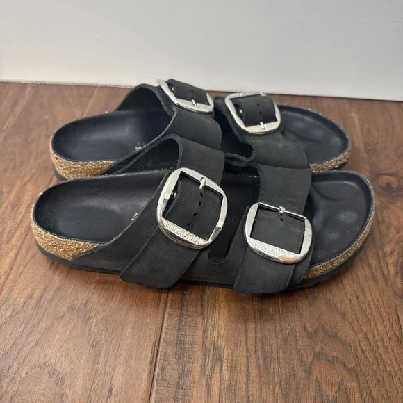 Birkenstock Arizona Big Buckle Sandal Womens US 10 41 Black Silver Oiled Leather - Picture 3 of 10